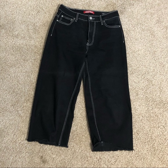 Black wide leg hi-rise jeans with white stitching - Picture 1 of 4